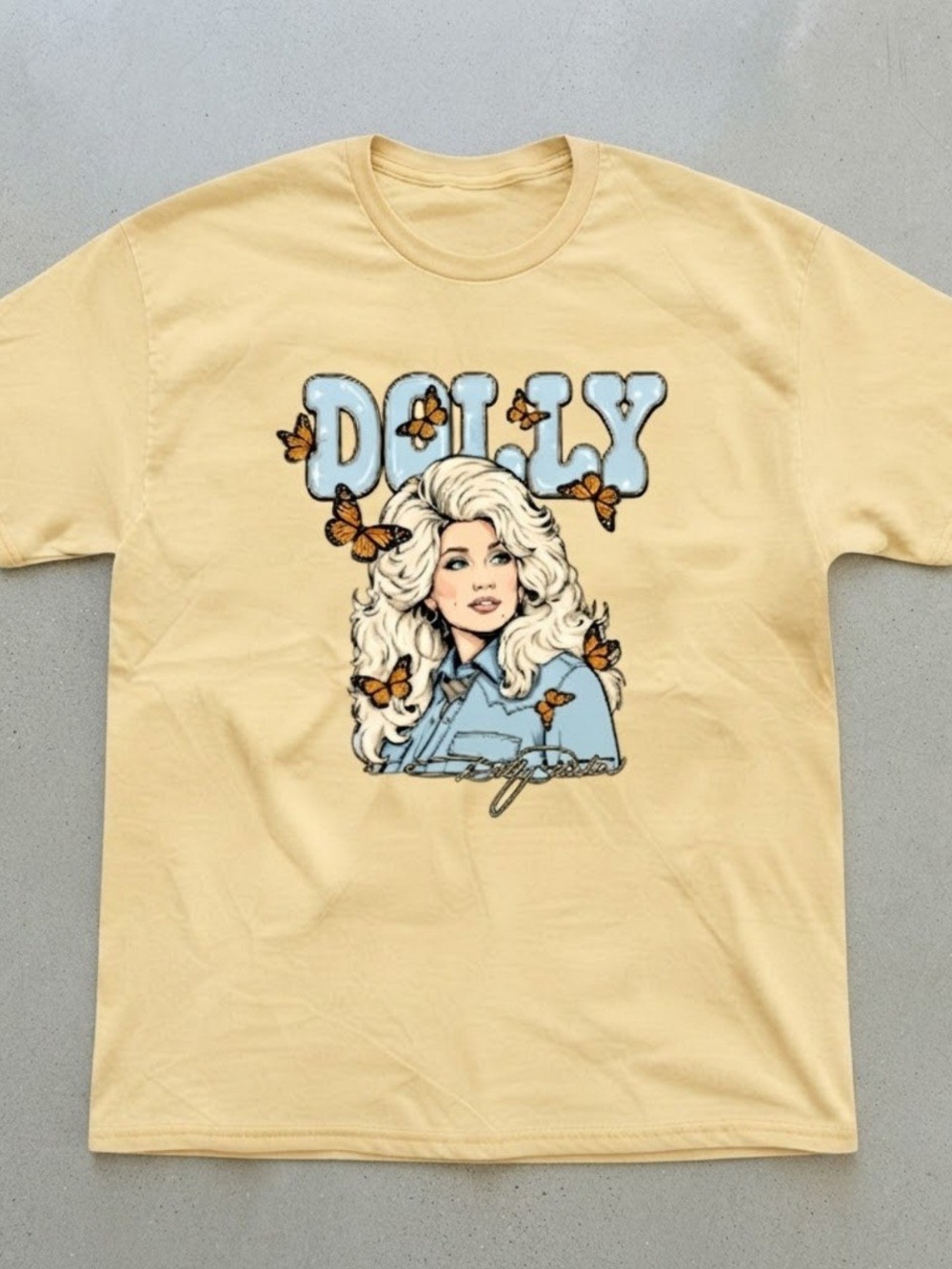 Dolly Parton Country Music Star Butterfly Graphic Gildan T-Shirt Yellow